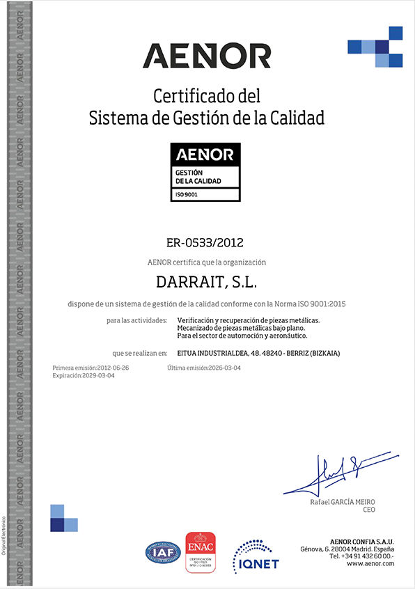 Darrait empresa auxiliar con Certificación ISO 9001